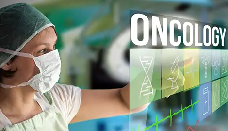 Doctor using virtual oncology screen.