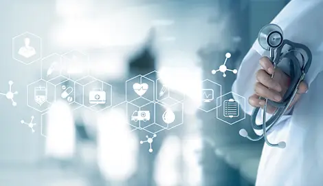 Doctor with stethoscope and medical tech icons